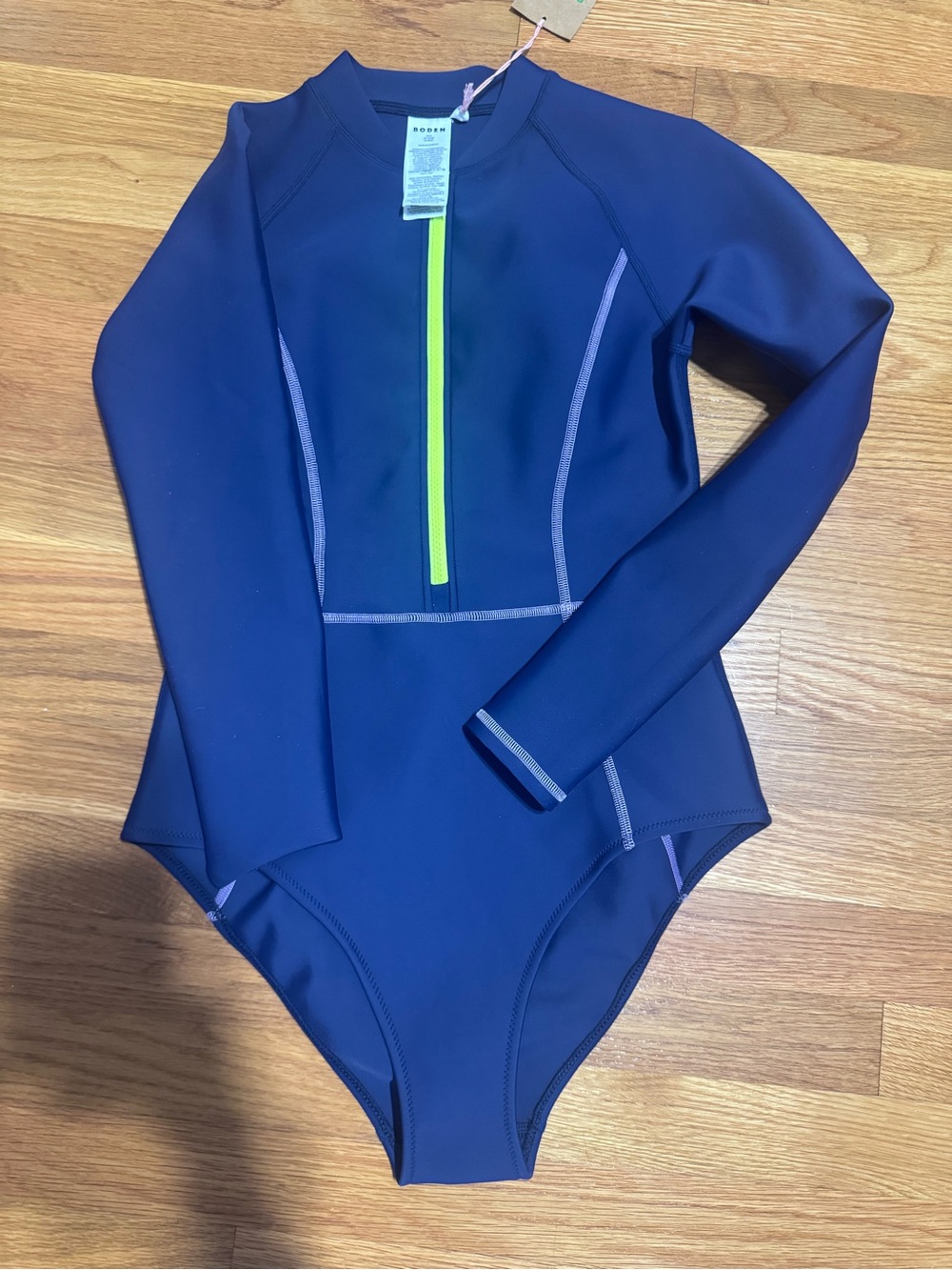 Boden NWT Long-Sleeve One-Piece Swimsuit in Navy with Lime Zip